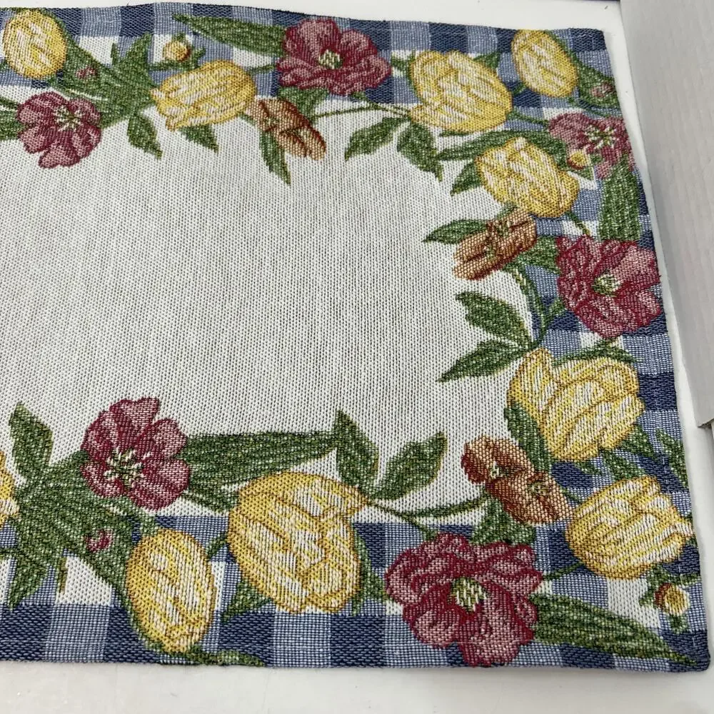 Tulip Flowers Blue White Checked Border Woven Tapestry 19